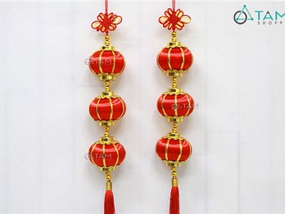 Dây 3 trái lồng đèn đỏ chỉ tơ viền vàng D55cm T-DTRT-55